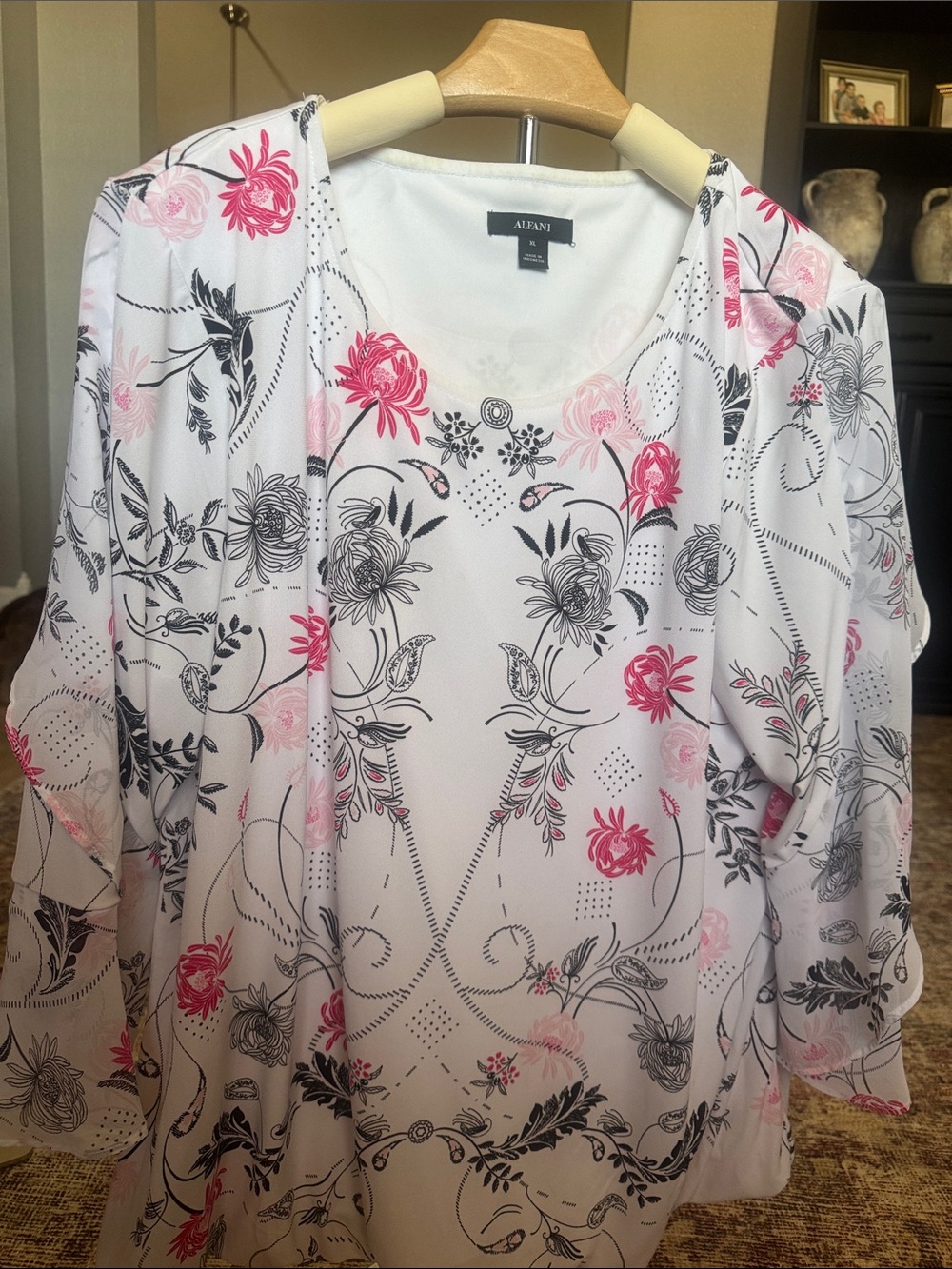 Alfani White Floral Tunic with Pink and Black Accents